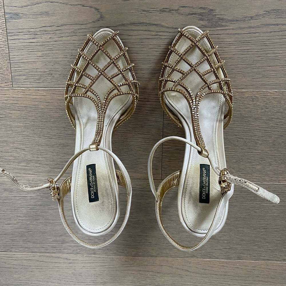 Dolce and Gabbana gold stone satin sandals wedding bride bridal engagement